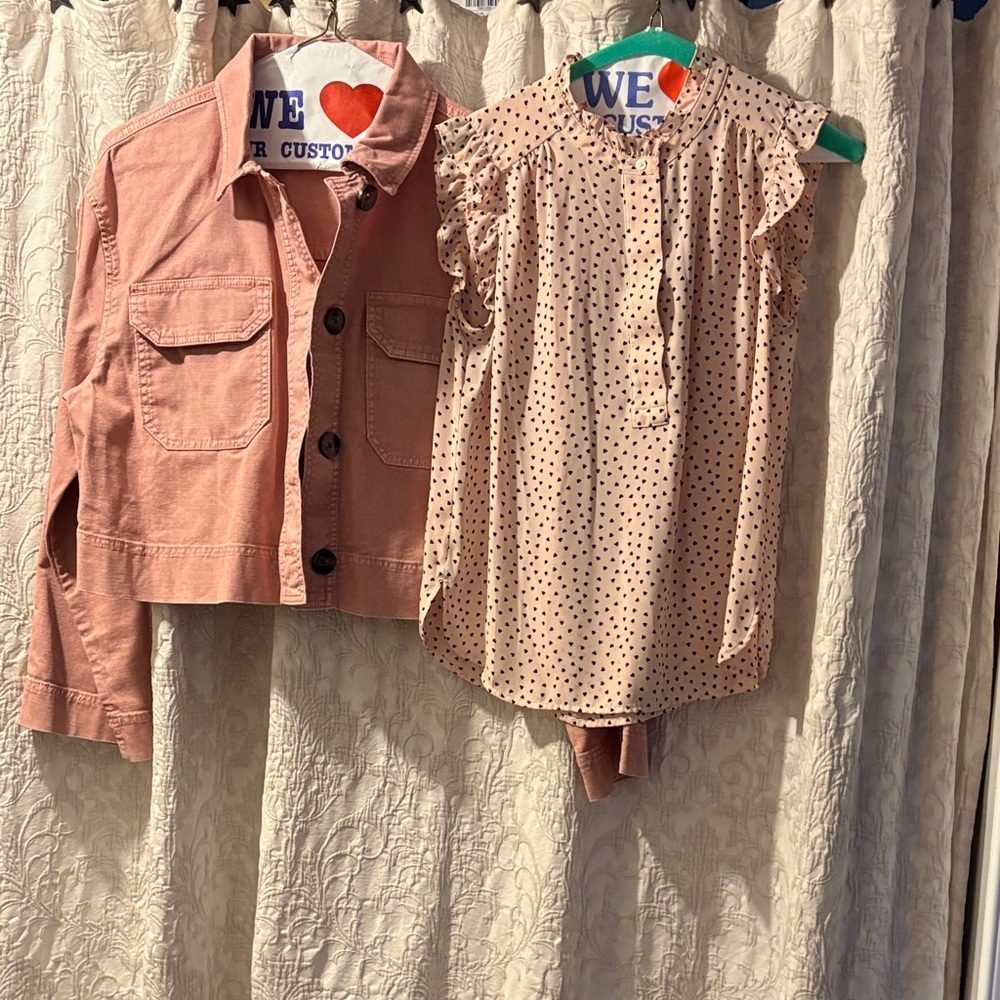 LOFT Pink Cropped Jacket and Polka Dot Blouse Set